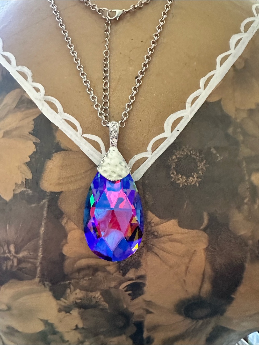 Iridescent Blue-Purple Teardrop Crystal Necklace with Silver Chain